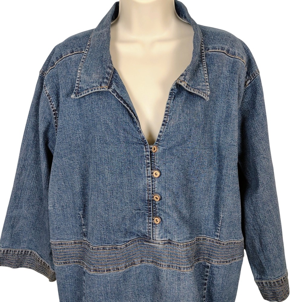 Carolina Blues Plus Denim Pullover Top Blue 26W 28W 3/4 Sleeve Button V-Neck 90s